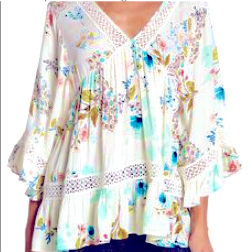 DR2 Daniel Rainn Womens Cream Turquoise Floral Print Boho Blouse Size Medium